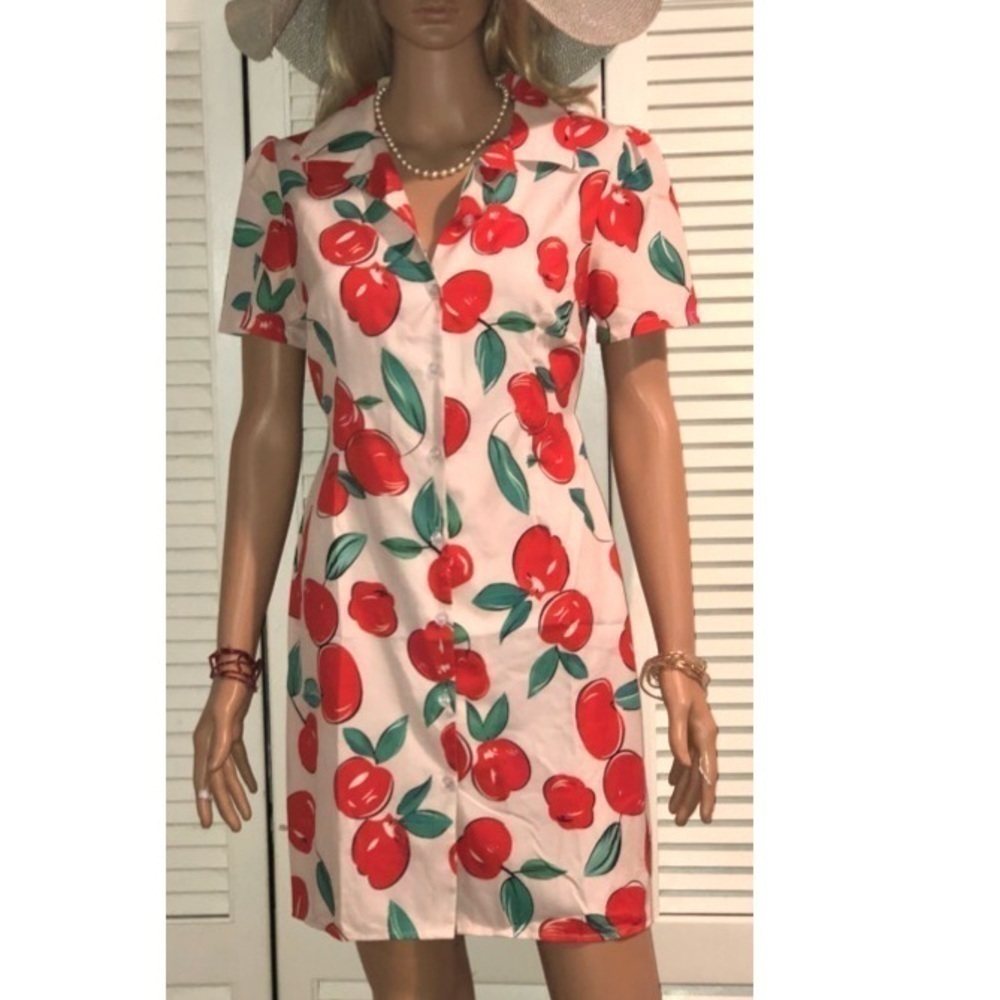 Shein shirt style mini apple print dress in Pink, Red and Green Small - Picture 2 of 11
